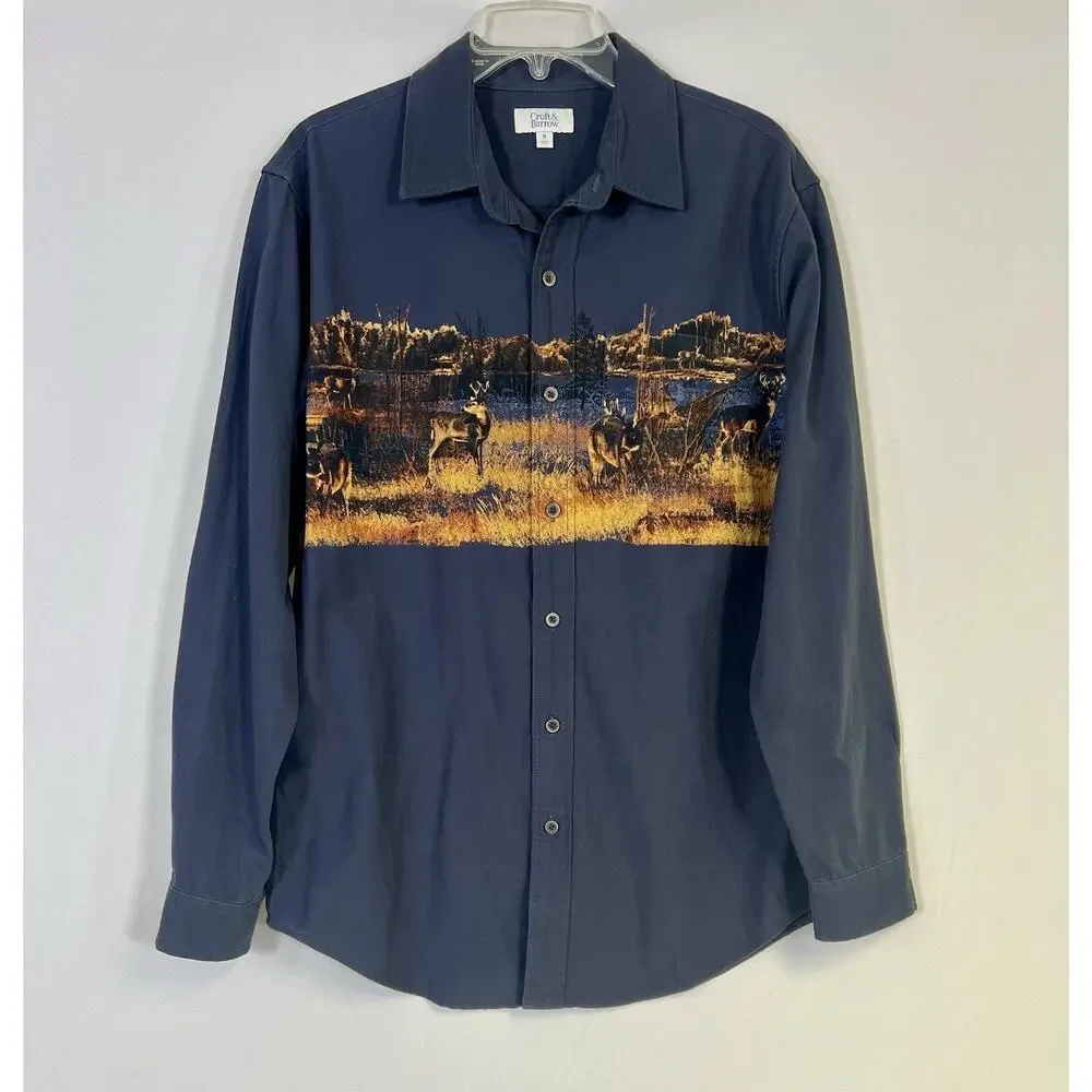 Croft & Barrow Shirt Mens M‎ Navy Deer Graphic Long Sleeve Button Up 100% Cotton